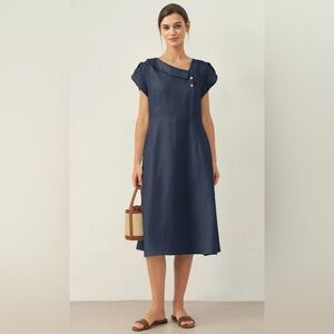 Lintico 100% Linen Crescent Collar Flutter Sleeve Midi Dress FIONA, Size S